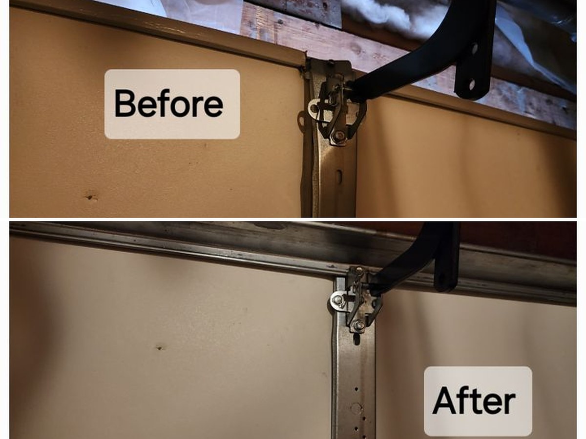 Before and after views of a garage door top section: first pulled away from the header at the operator arm bracket, then re-seated and re-anchored